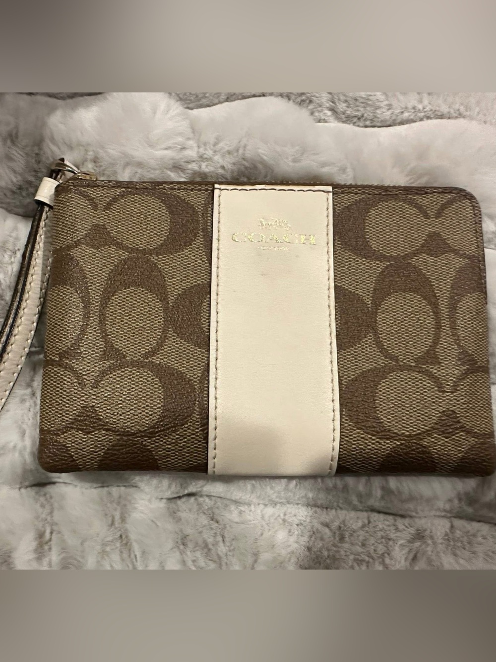 Coach Brown Canvas Wristlet with Cream Leather